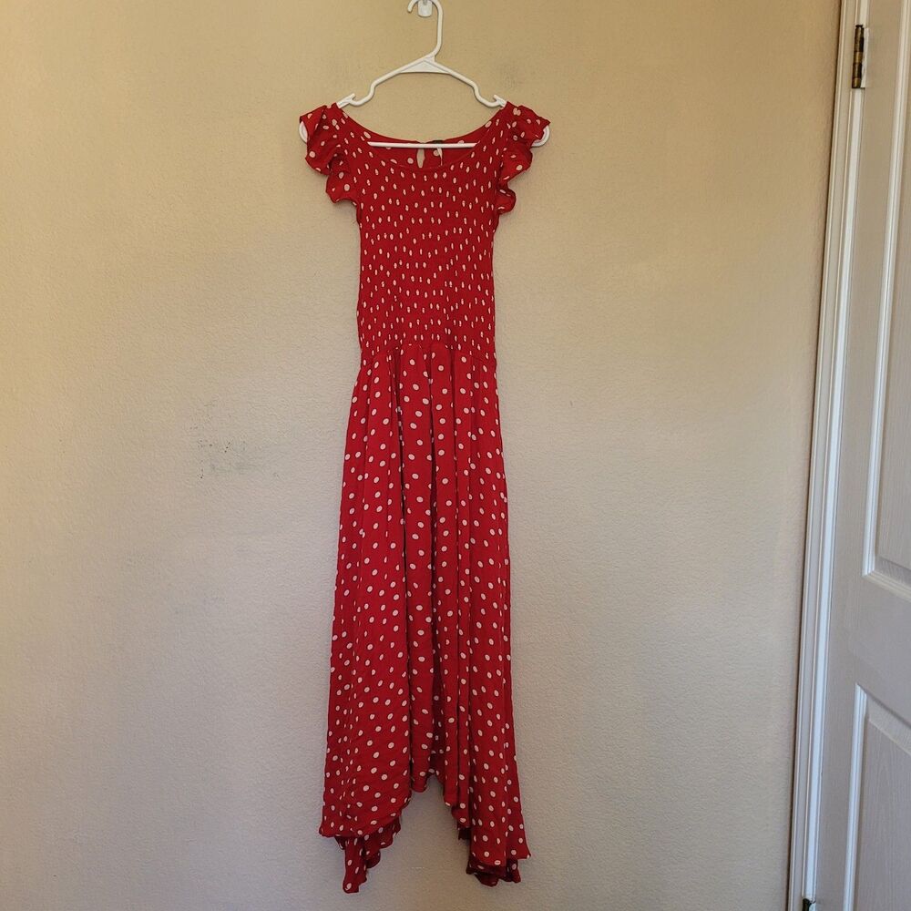 Free People Chambray Polka Dot Butterflies Maxi Dress Medium Smocked Waist Boho